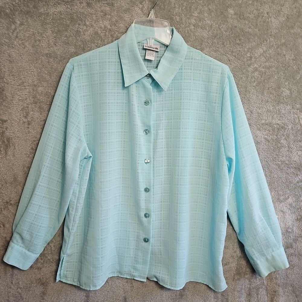 Bonworth Women's Sz Med Petite Blouse Aqua long sleeve lightweight